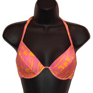 Victoria’s Secret 34C Bikini Top Pink Orange Animal Print Halter Underwire Swim